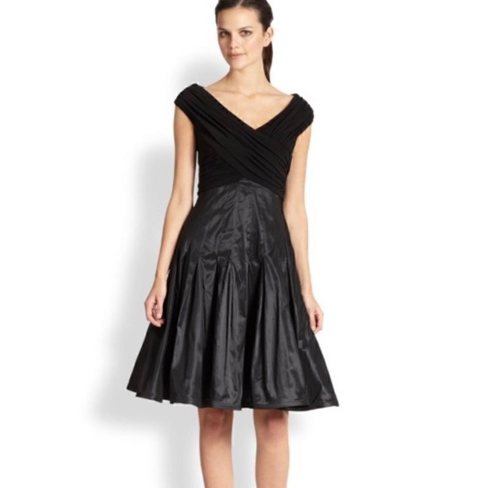 Tadashi Shoji Women’s 8 Taffeta Dress Black Pleated Off Shoulder Flare Formal